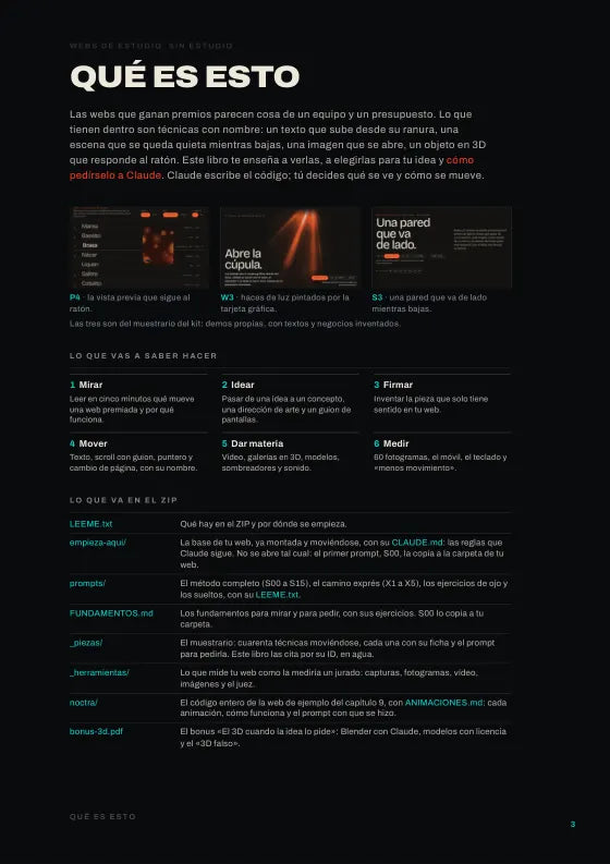 Hoja «Qué es esto» del libro: tres técnicas del muestrario, lo que vas a saber hacer y lo que va en el ZIP