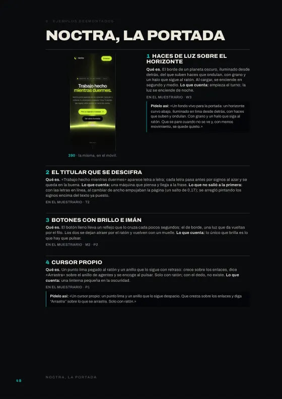 Hoja «Noctra, la portada»: la portada de la web de ejemplo en el móvil y cada animación explicada