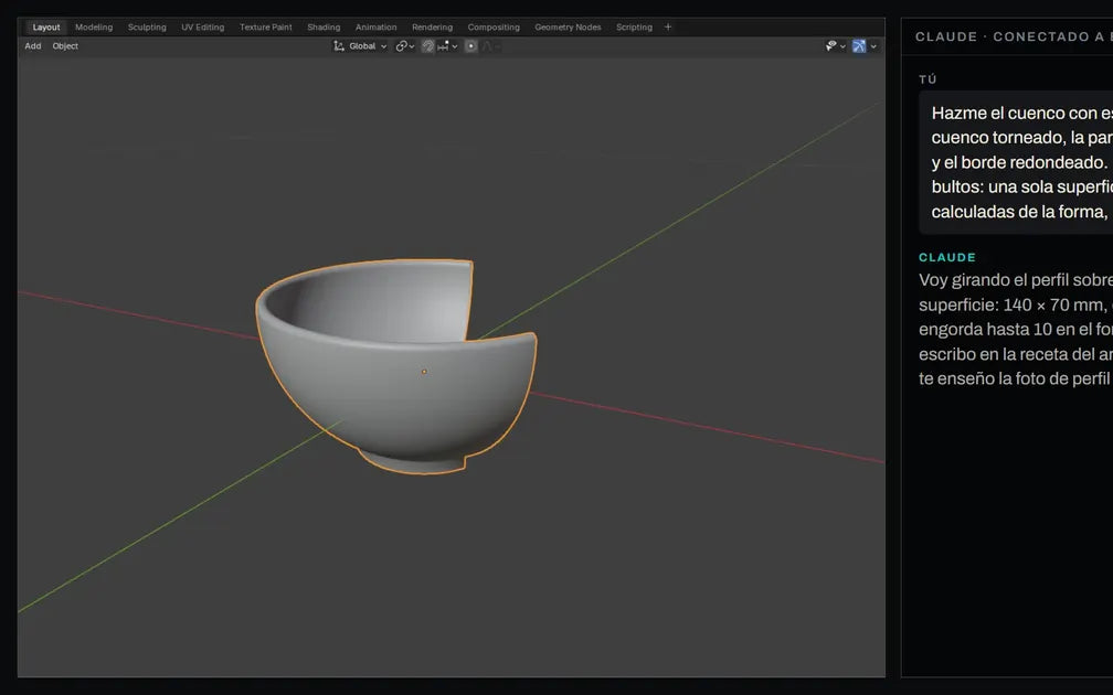 Blender con Claude: un cuenco en 3D hecho con mensajes