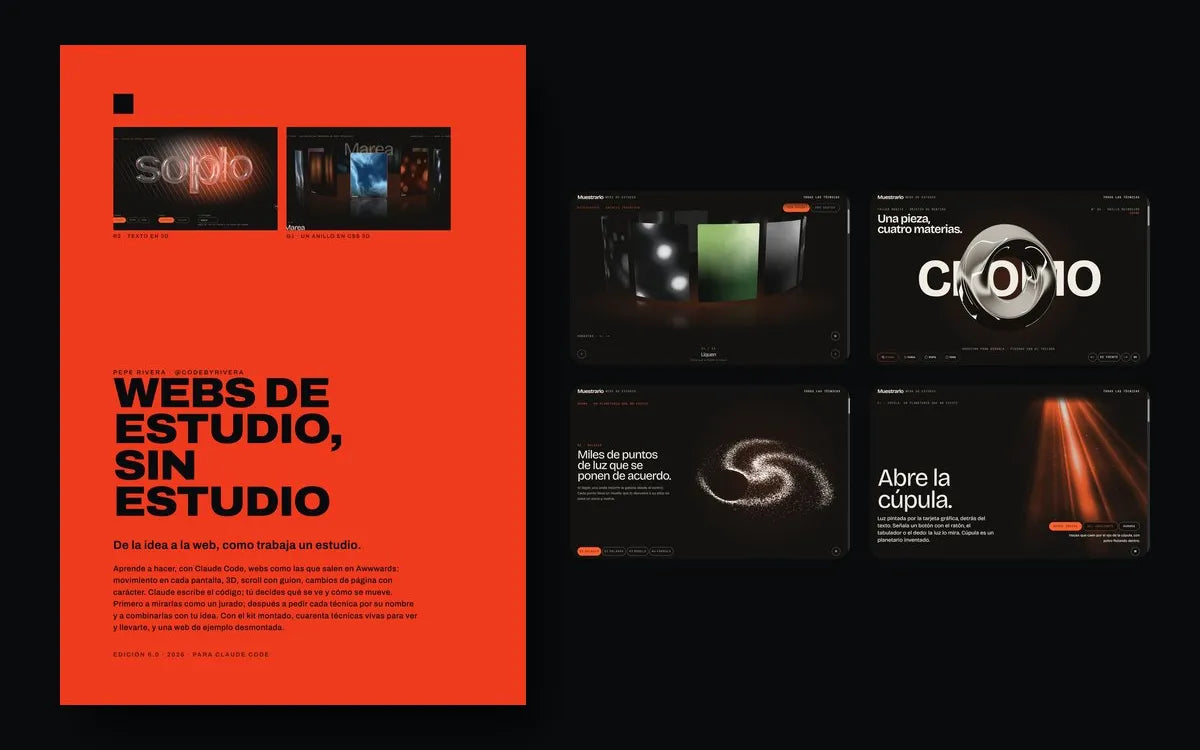 La portada del libro 6.0 y cuatro técnicas del muestrario: un anillo de imágenes, cromo, partículas y haces de luz